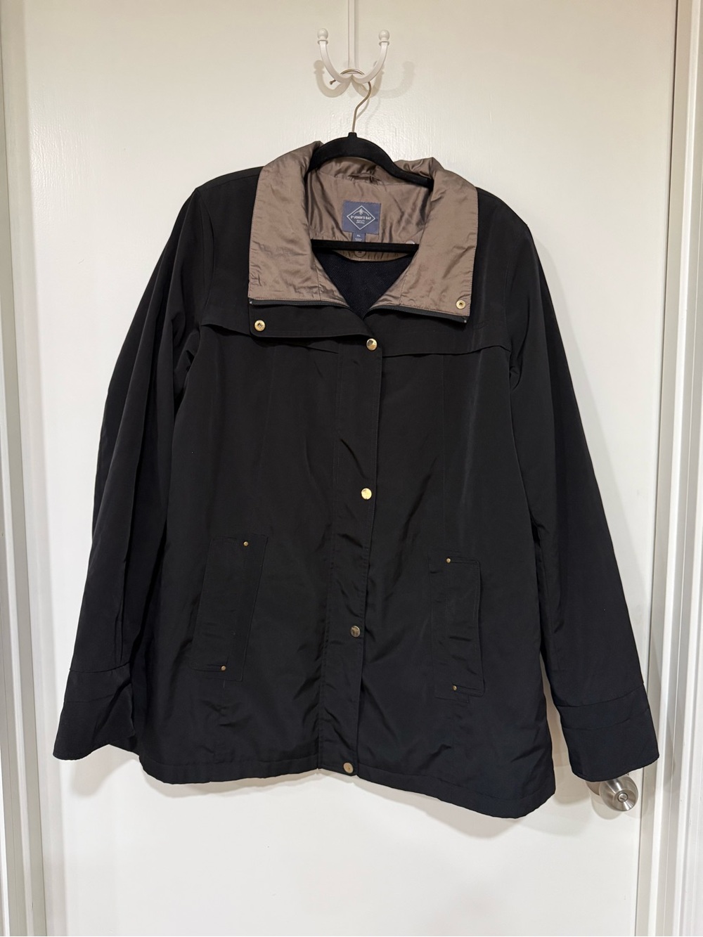 St. John's Bay Women's Black Puffer Jacket with Contrast Taupe Lining